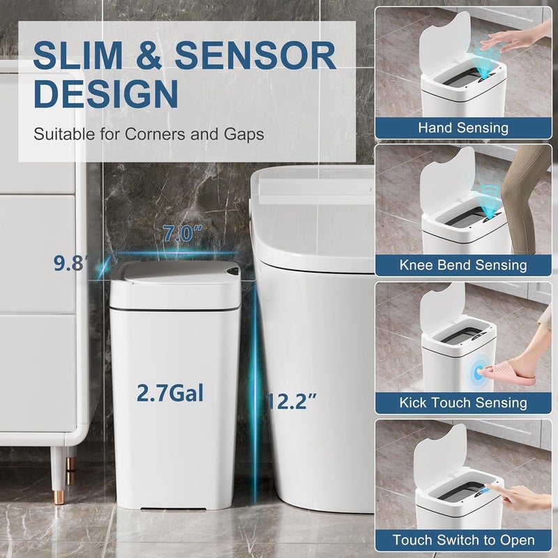 Vanpopubs 2 Pack 2.7 Gal Bathroom Trash Can with Lid, Automatic Trash Can Small Smart Garbage Can Touchless, Slim Motion Sensor Waterproof Plastic Trash Bins for Bedroom Office Kitchen Toilet - Image 3